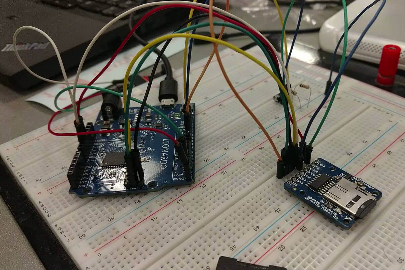 The Arduino and SD card reader on a breadboard